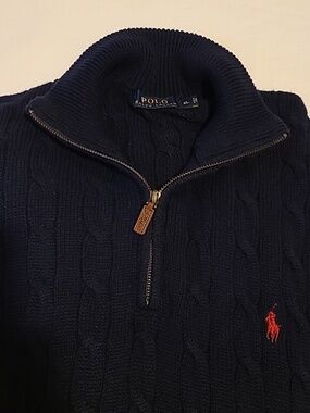 POLO Ralph Lauren Cable Knit Sweater XL, Quarter Zip, Navy, Cotton Pullover